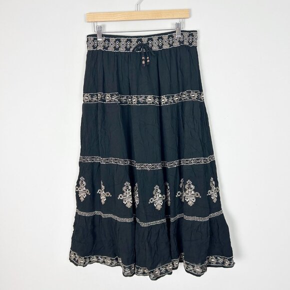 NEW Philosophy Black A-line Full Maxi Skirt Embroidered Boho Hippie Size Large W - Picture 1 of 4